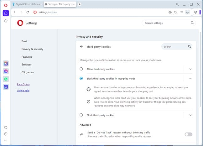 Opera blocks third-party cookies in Incognito mode