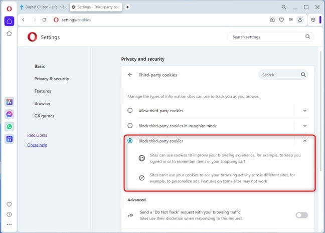 Select Block third-party cookies in Opera or Opera GX