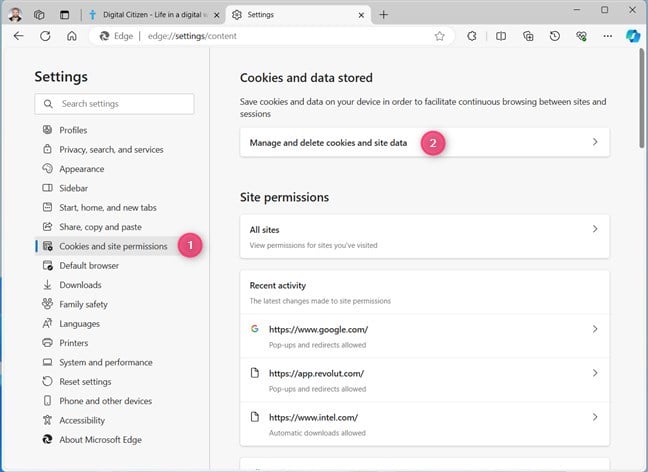 Go to Cookies and site permissions > Manage and delete cookies and site data