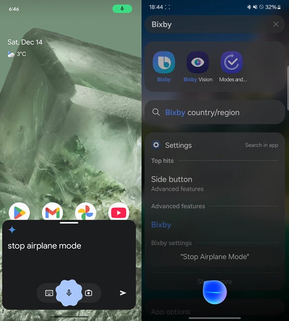 Ask Gemini or Bixby to stop Airplane mode