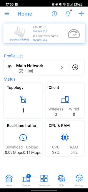 The Home tab of the ExpertWiFi app
