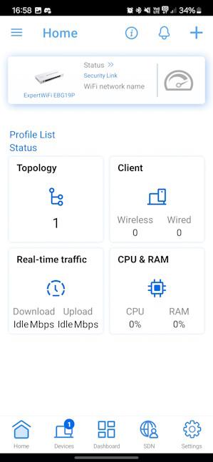 The Home tab of the ExpertWiFi app