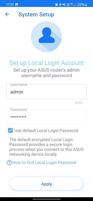 Set up the local admin account for your router