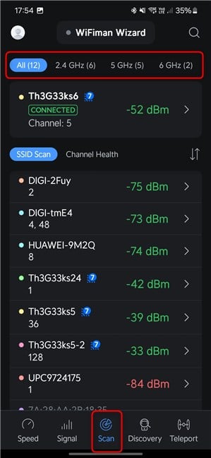 Tap Scan and select the wireless band that interests you