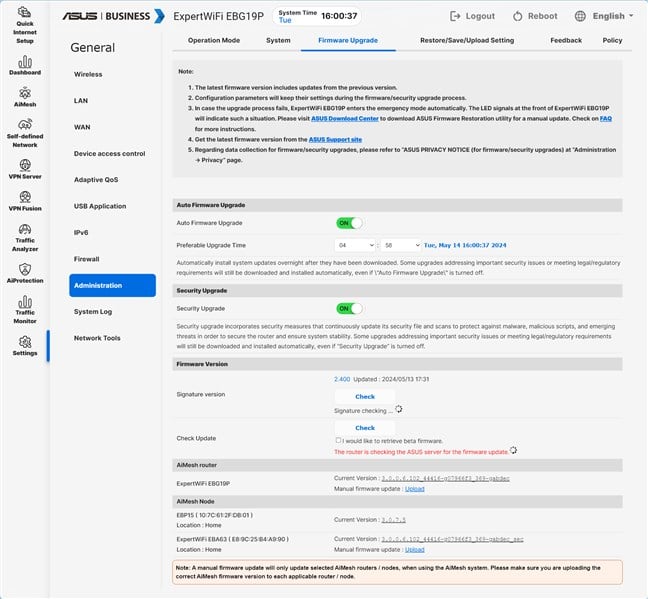 Set up ASUS ExpertWiFi EBG19P to handle firmware upgrades automatically