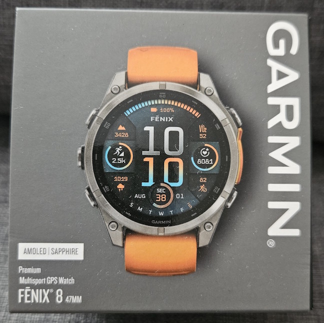 Garmin Fenix 8 comes in a gray cardboard box