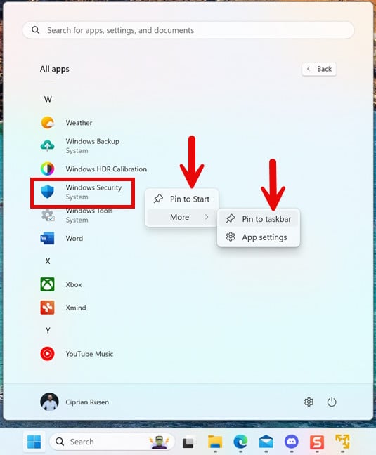 Pinning Windows Security to the Start Menu or the taskbar in Windows 11