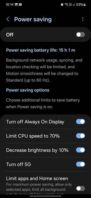 Enable the Power saving options you want