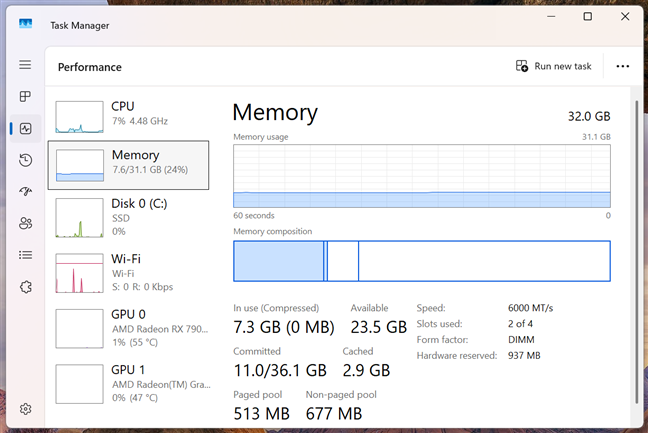 Details about the memory shown in Task Manager