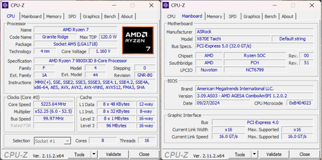 AMD Ryzen 7 9800X3D specs in CPU-Z