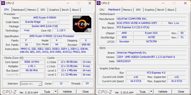 AMD Ryzen 9 9900X specs in CPU-Z