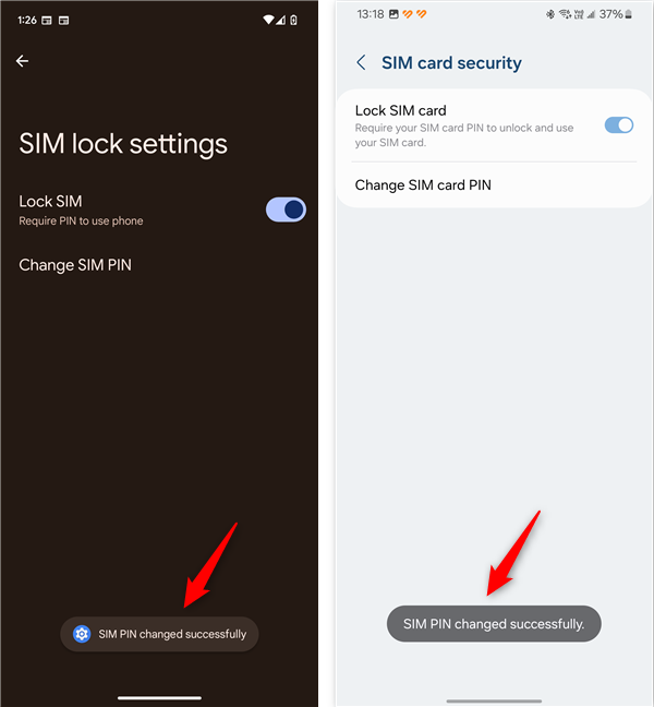 SIM PIN changed successfully