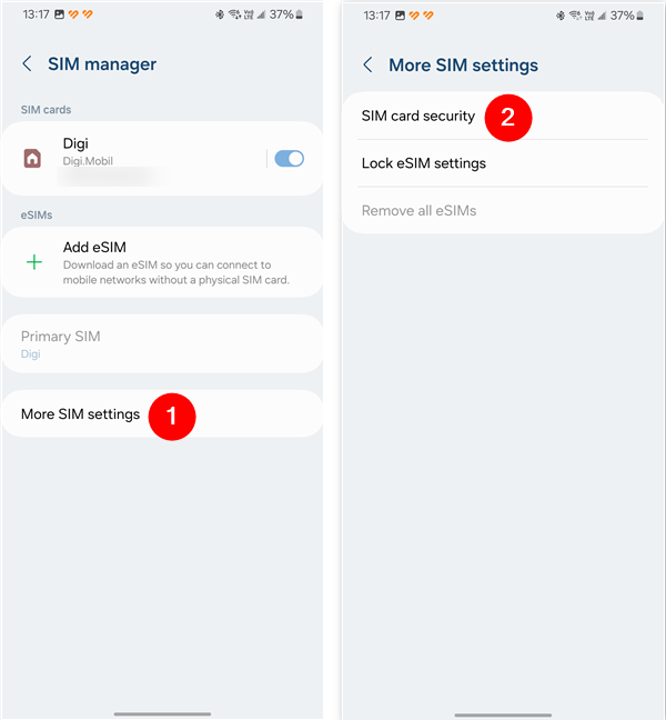 Access More SIM settings and tap SIM card security