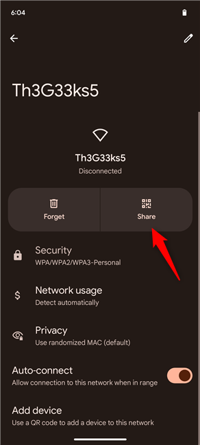 Tap Share to see the Wi-Fi password on Android