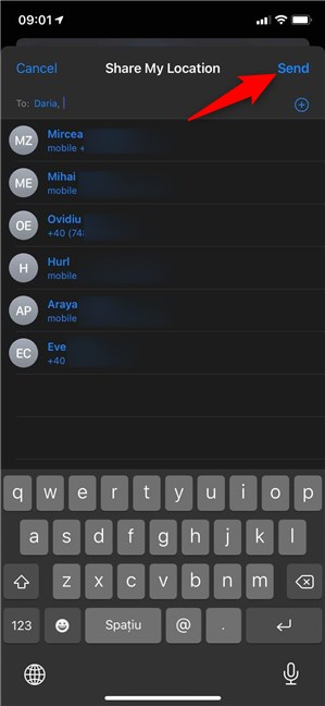 When you're done, tap Send to share location on iPhone with the selected people