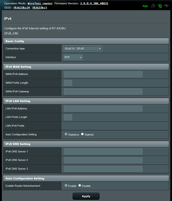 Setting Static IPv6 connections