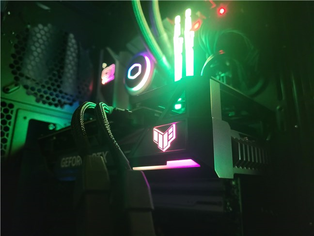 The RGB lights on the ASUS TUF Gaming RTX 4070 Ti graphics card