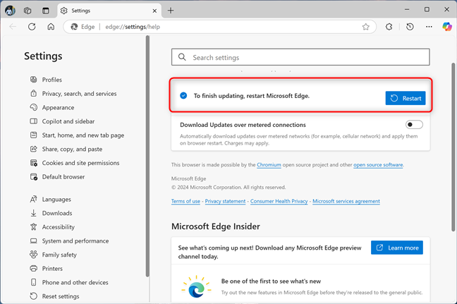 Restart to update Microsoft Edge to the latest version