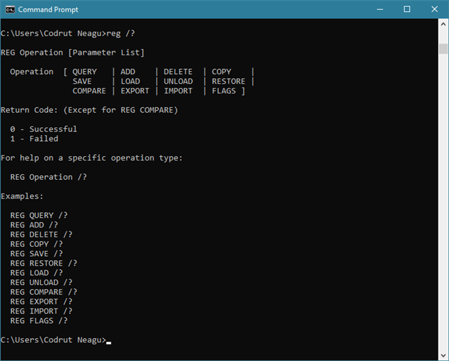 The REG command help from Command Prompt