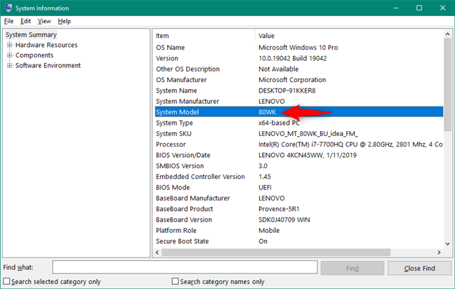 The System Model is displayed in Windows 10's System Information