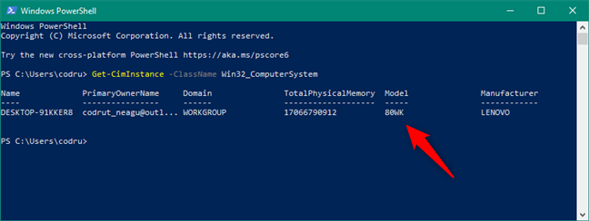 Find PC model in PowerShell: Get-CimInstance -ClassName Win32_ComputerSystem