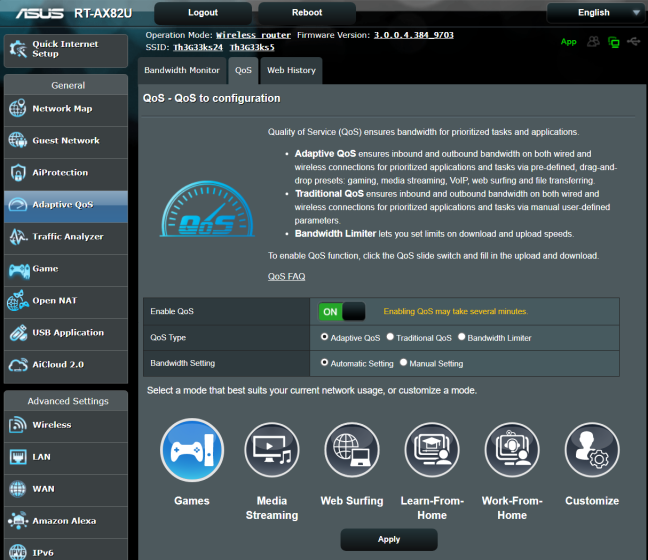Prioritizing games on an ASUS RT-AX82U router