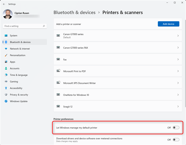 Set the Let Windows manage my default printer switch to OFF