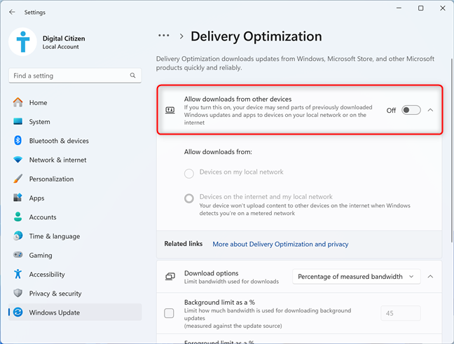 Disabling Delivery Optimization in Windows 11