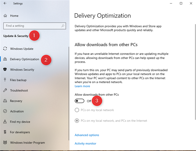 Turning off Delivery Optimization in Windows 10