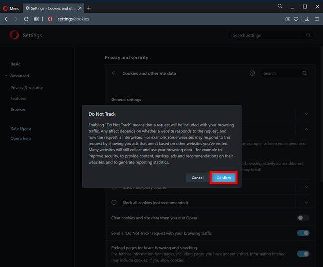 Press Confirm to enable Do Not Track in Opera