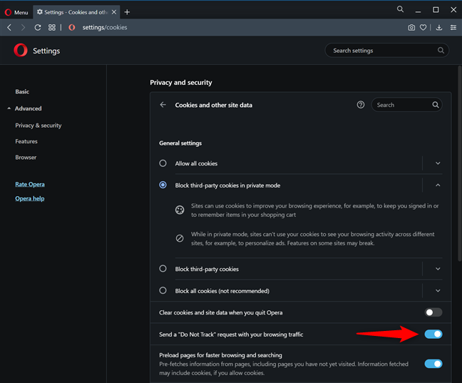 The switch shows you successfully enabled Do Not Track in Opera