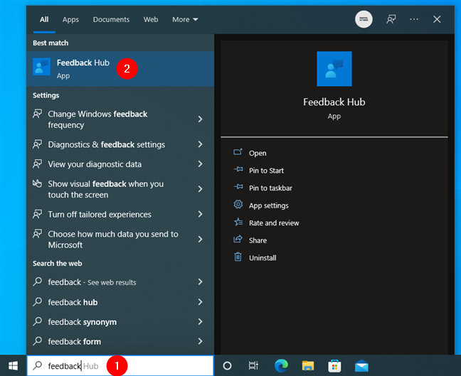 Search for Feedback Hub in Windows 10