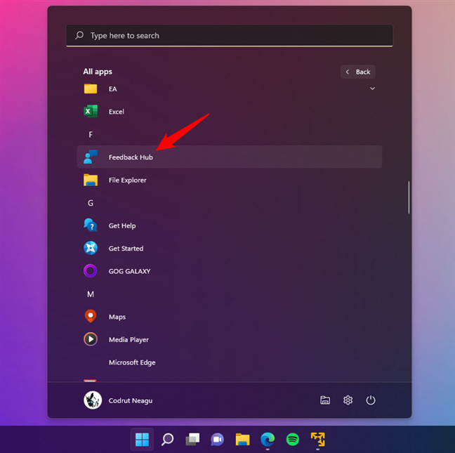 Feedback Hub shortcut in Start Menu