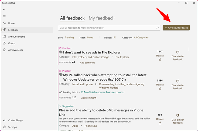 Give new feedback in Feedback Hub