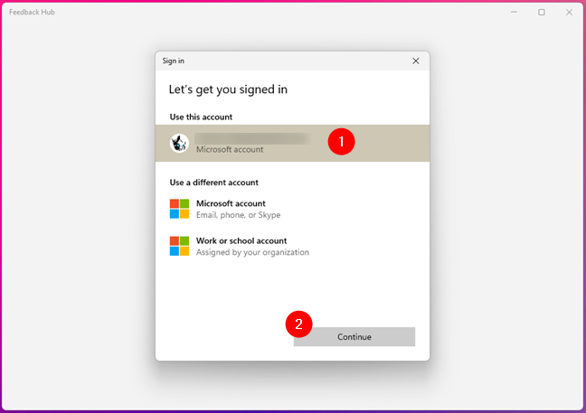 Log in to Feedback Hub with a Microsoft account
