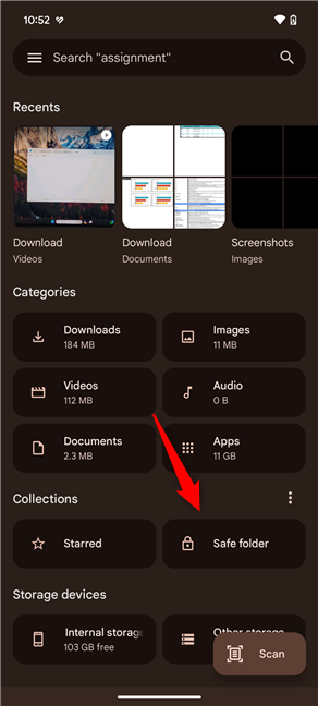 Access the Safe folder on Android