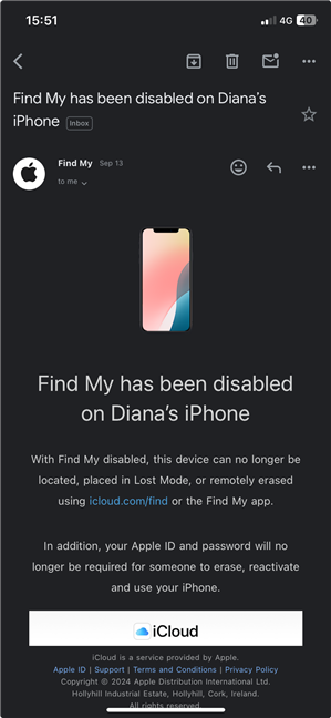 Apple also lets you know via email that Find My has been disabled