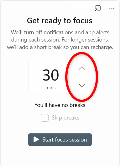 Use the arrows to increase or decrease your focus session's duration