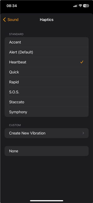 Use the Haptics screen to select a vibration pattern