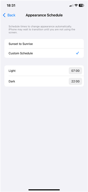 Schedule times to change appearance automatically