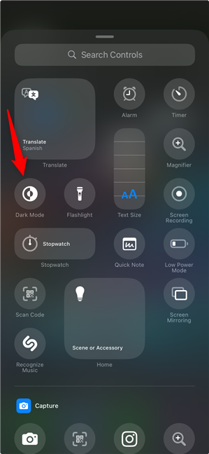 Tap the Dark Mode control to add it