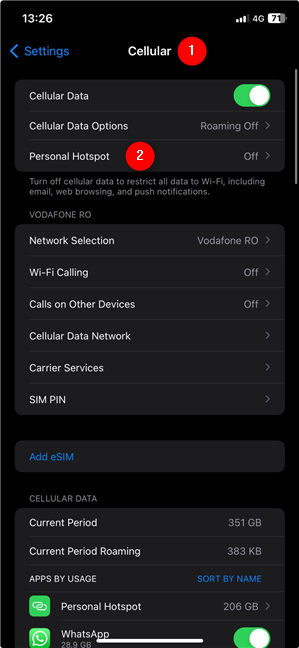 Access the iPhone hotspot settings from the Cellular screen