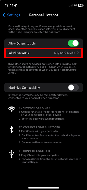 Access Wi-Fi Password to change the hotspot password on an iPhone