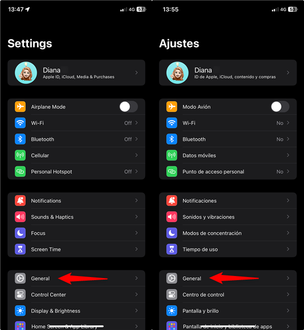 Access the iPhone General settings