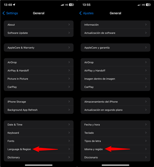 Access the iPhone Language & Region settings