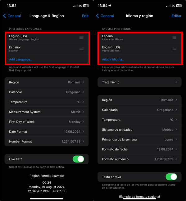 Preferred Languages displays the languages previously added on your iPhone