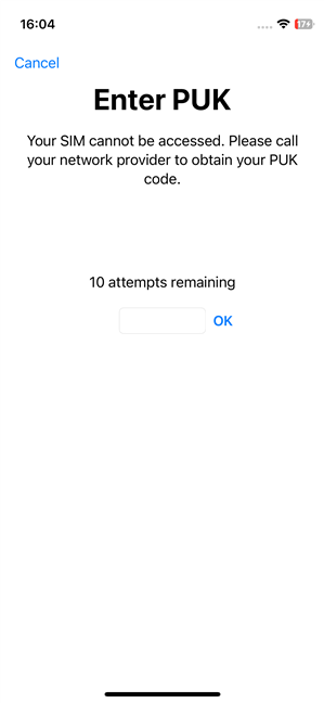 Enter PUK code on an iPhone whose SIM cannot be accessed