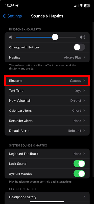 Choose Ringtone in the iPhone sounds settings