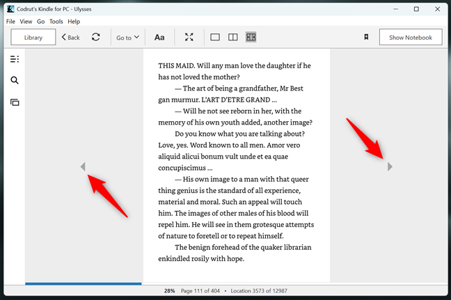 Turn the pages in a book in the Kindle reader for PC