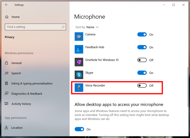 An app that has been blocked from accessing the mic in Windows 10